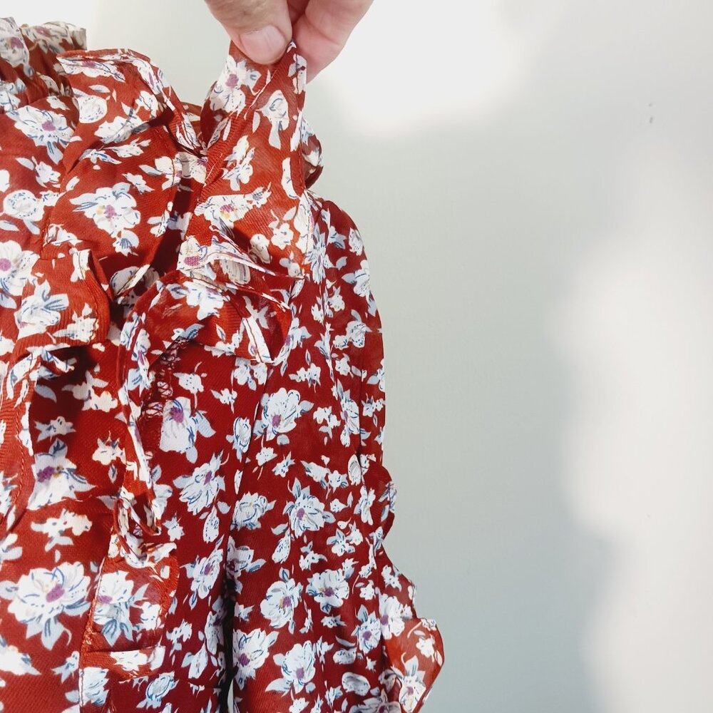 INA, NWT, Mini Dress, MED, Rust Floral Print Ruffle Accents 3/4 Sleeve Feminine - Picture 7 of 16